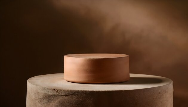Handcrafted clay pedestal with natural imperfections mockup for product placement and advertisement, set against a muted, earthy background.