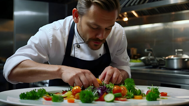 A chef in a white uniform, carefully adding the finishing touches to a beautifully plated gourmet dish, ready for service in a high-end restaurant - Powered by Adobe