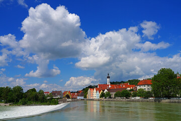 Obraz premium View of the German town of Landsberg am Lech, a picturesque medieval town on the Lech River in Bavaria