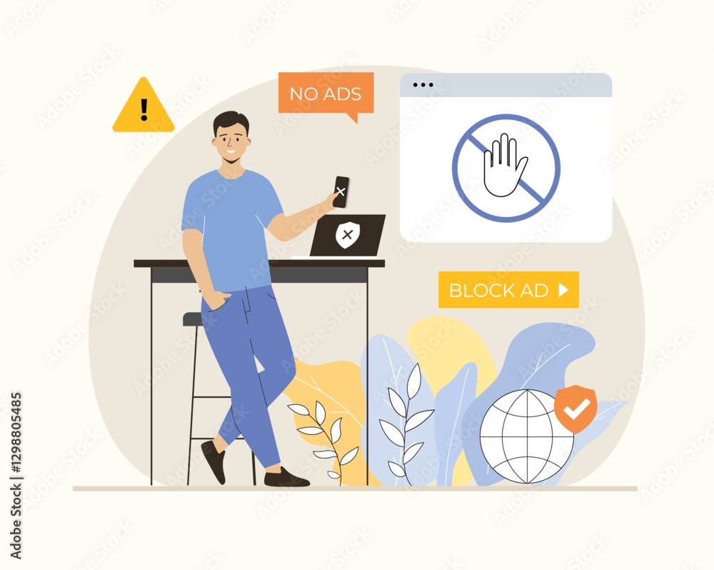 Poster ad blocking software concept. removing online advertising, ad filtering tools, internet browser exte