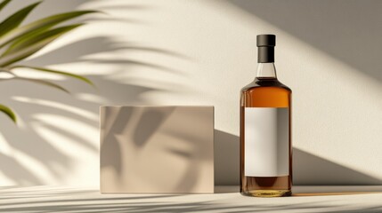 Amber liquid in a glass bottle with a blank label, next to a beige square. Sunlight casts shadows.