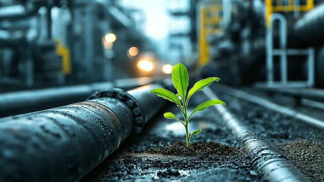 An intricate network of gas pipelines within an oil and gas plant, with a small green plant growing at the base, symbolizing life in unexpected places