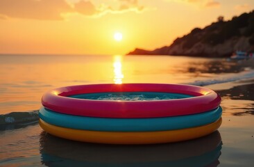 Children's pool by the sea at sunset. Summer. Summer vacation. Children's leisure