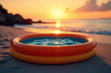 Children's pool by the sea at sunset. Summer. Summer vacation. Children's leisure