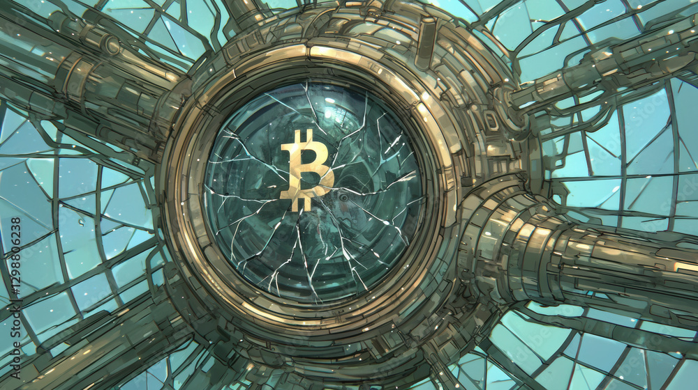Poster bitcoin crash, crypto price drop sell-off. futuristic bitcoin symbol embedded in a complex, glass-li
