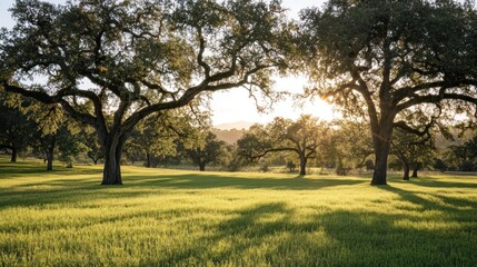 Fototapeta premium Sunlit Meadow with Oak Trees and Grassy Field in Summer Landscape