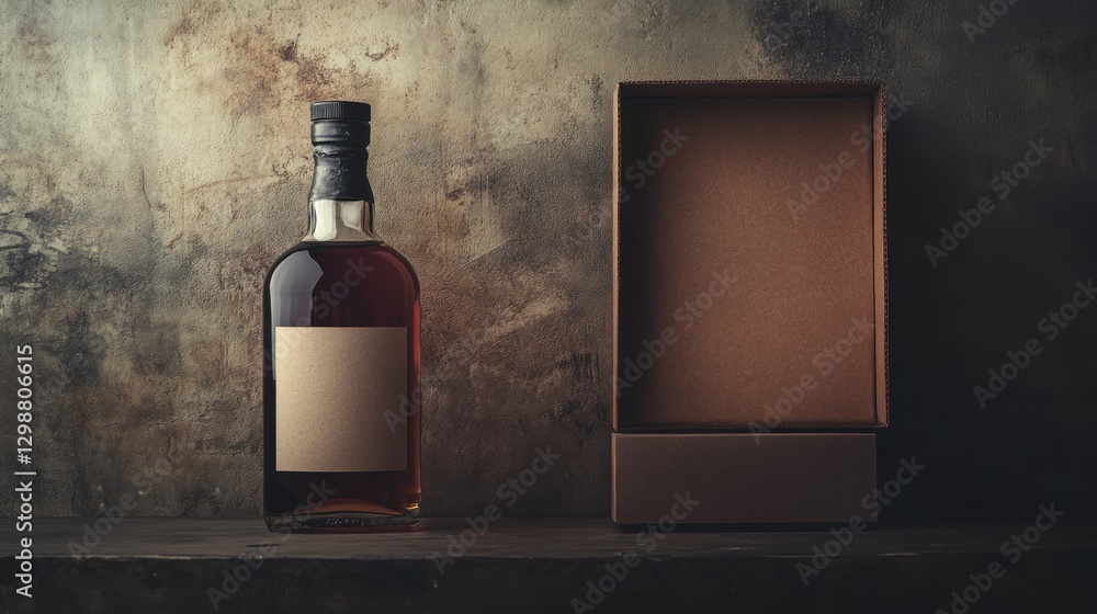 Aufkleber amber liquid in a glass bottle with blank label next to an empty cardboard box on a rustic surface.
