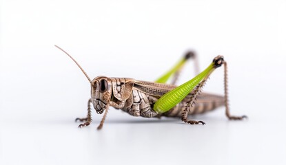 Fototapeta premium Close-Up of a Grasshopper with Vibrant Green Wings on White Background