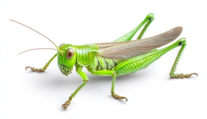 Vibrant Green Grasshopper Close-Up on White Background