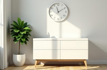 A white chest of drawers against a gray wall . Modern light furniture. Interior design