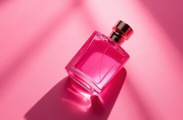 A bottle of pink perfume on a pink background . The scent of perfume. Aromatherapy . Copy space