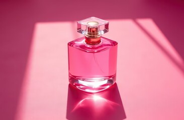 A bottle of pink perfume on a pink background . The scent of perfume. Aromatherapy . Copy space