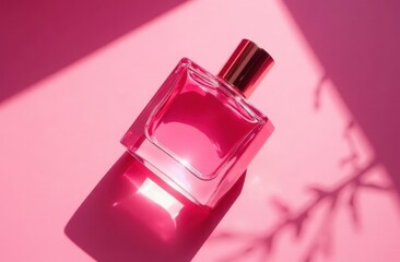 A bottle of pink perfume on a pink background . The scent of perfume. Aromatherapy . Copy space