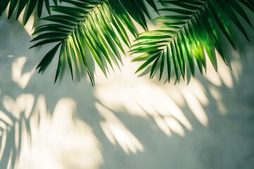 Lush green palm leaves cast shadows on a light beige wall.