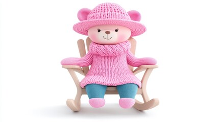 Cute Knit Doll Bear Sitting in a Rocking Chair with Pink Outfit