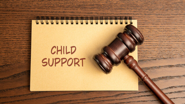 Notes Child support. Legal obligation for a non-custodial parent to provide financial assistance for their child's upbringing. Inscription and gavel. Law, rules and judgement