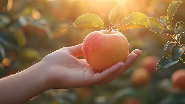Hand Holding Freshly Picked Apple at Sunset in Orchard