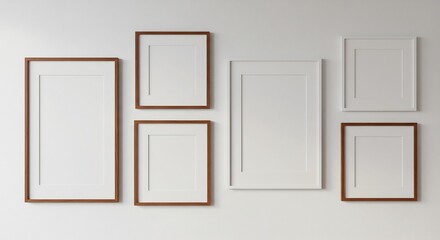Empty picture frames neatly arranged on white wall soft light. AI Generated