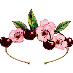 A delicate tiara featuring deep red cherries, soft pink flowers, and green leaves