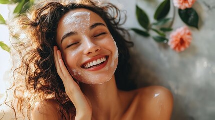A woman gently exfoliating her skin with a coffee-based scrub