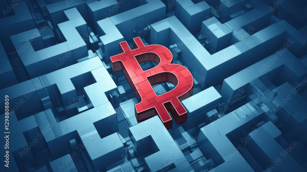 Poster bitcoin crash, crypto price drop sell-off. bitcoin symbol in a maze, representing complexity in cryp
