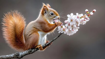 Obraz premium Squirrel Eating Blossoms on Branch in Beautiful Spring Setting