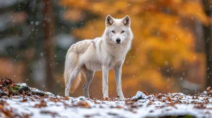 Fototapeta premium Majestic Arctic Wolf Stands in Snowy Forest with Colorful Fall Foliage