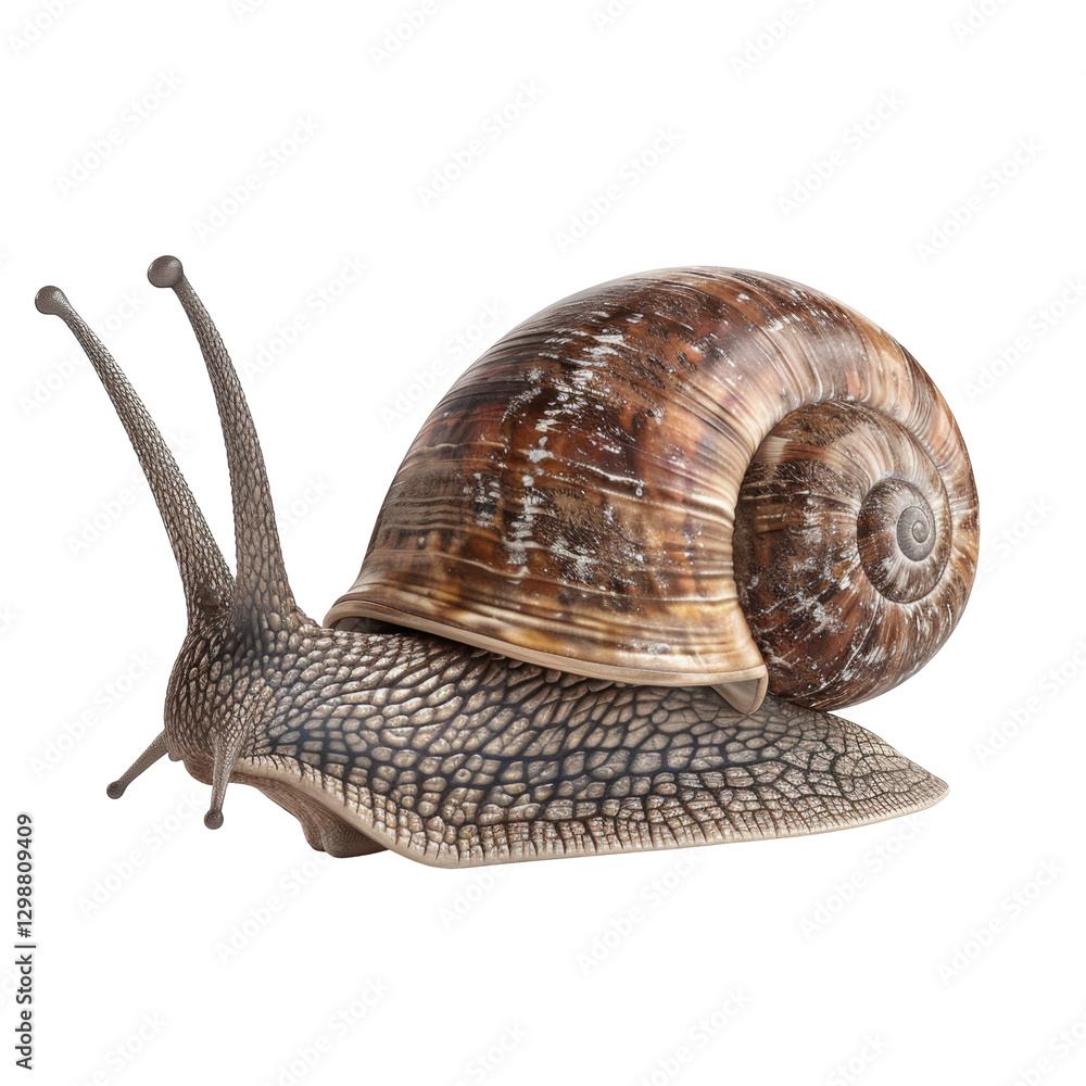 Poster closeup of a snail with a detailed brown shell and texture