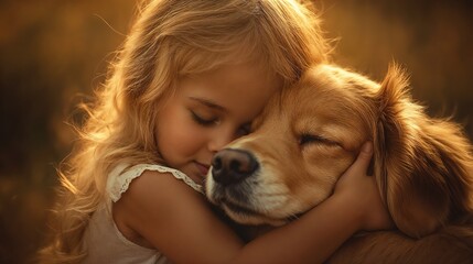 Little girl embracing golden retriever dog, expressing love and happiness in golden sunset light
