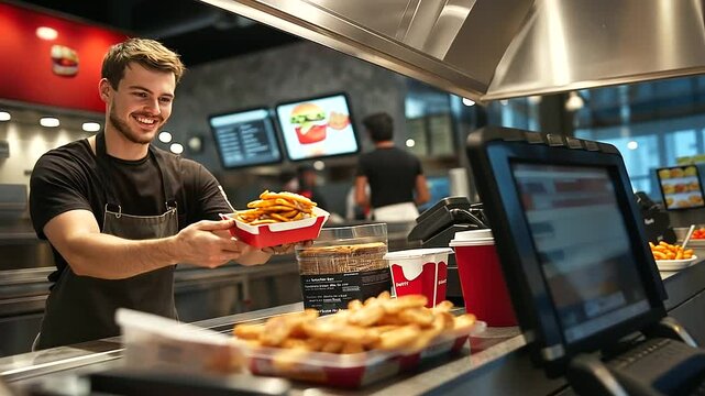 A fast food counter scene where a smiling cashier passes a freshly packed meal to a customer, with the kitchen area visible in the background, featuring cooking equipment like frye