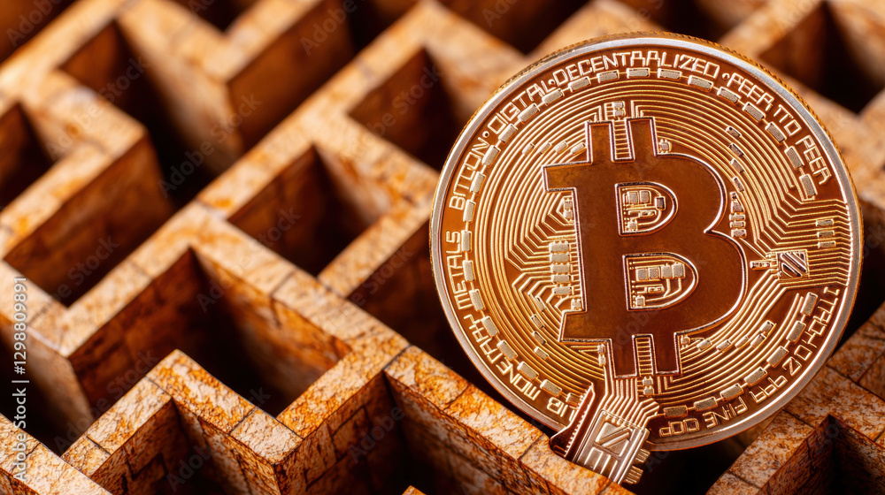Poster bitcoin crash, crypto price drop sell-off. bitcoin coin on a wooden surface with a maze pattern back