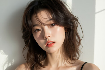 Naklejka premium Asian Female in Studio Setting - Young Woman on White Background with Soft Shadows - Styled Messy Long Hair - Portrait of Eastern Beauty for Fashion or Cosmetic Model - Sunlight Casted Warm Setting