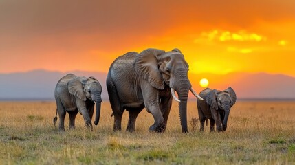 Fototapeta premium Majestic Elephants Walking in Silhouette at Sunset on African Savannah