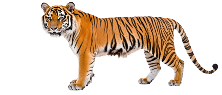 Tiger walking on isolated white background fierce wild animal majestic predator symbol of strength and nature wildlife conservation endangered species.