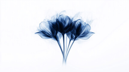 A Bouquet of Tulips with Petals Made of Translucent Holographic Glass, Each Stem Connected to a Thin Metallic Base with Glowing Joints, Arranged Sharply Against a Clean White Background, Generated AI
