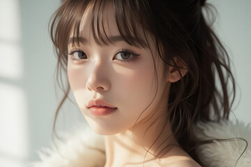 Asian Female in Studio Setting - Young Woman on White Background with Soft Shadows - Styled Messy Long Hair - Portrait of Eastern Beauty for Fashion or Cosmetic Model - Sunlight Casted Warm Setting