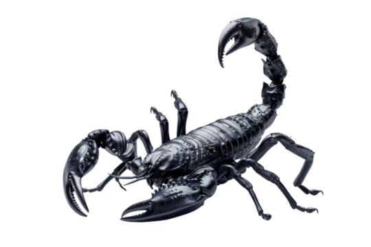 Stunning close up of a black scorpion with detailed claws and curved tail