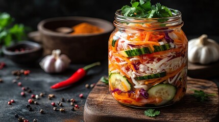 Glass jar, layered vegetables, colorful salad, rustic wooden surface, dark background, fresh ingredients, vibrant colors, healthy food, mason jar meal, carrots, peppers, leafy greens.