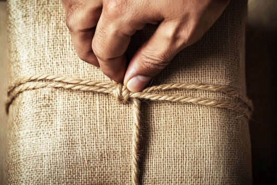 Detailed view of a hand tying a jute string around a textured fabric parcel in a crafting setting