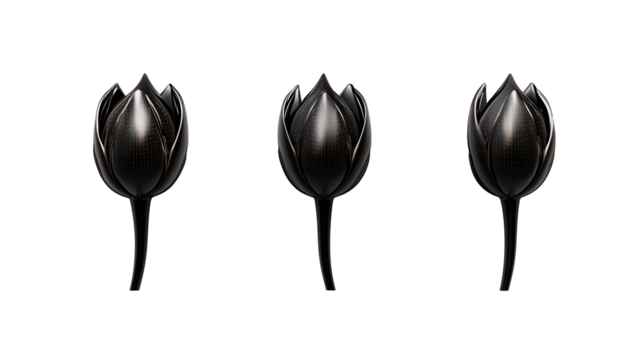 Sharp 3D Rendering of a Single Tulip with Smooth Metallic Petals, Each with Subtle Glowing Lines Resembling Circuits, Displayed on a Transparent Background, Generated AI
