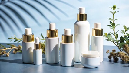 A stylish arrangement of skincare products on a blue backdrop, accented by greenery, showcasing elegance and sophistication in beauty care.