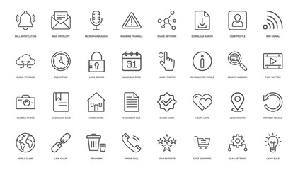 classic essential line icon set, bell envelope microphone warning