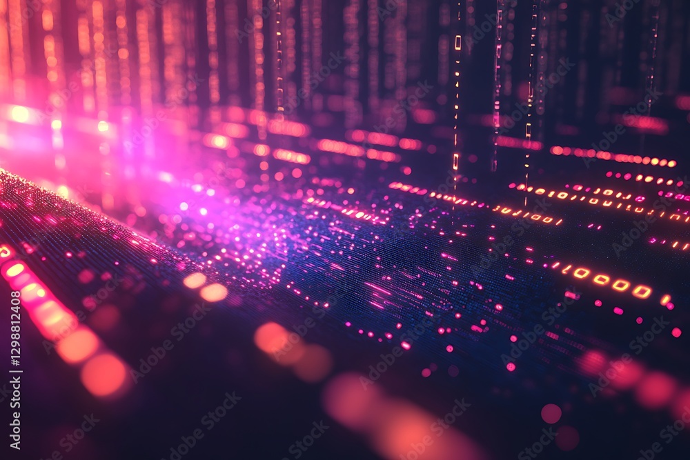 Poster abstract digital data stream, binary code flowing in pink and orange hues