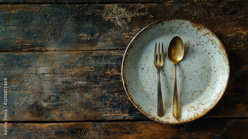 Fototapete rustic dining setup with vintage fork and knife on a weathered wooden table. generative ai