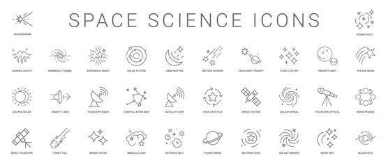 space science line icons, star cluster telescope optical solar system planet rings exoplanet transit galaxy merger spiral, universe cosmos discovery celestial