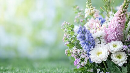 Obraz premium Beautiful bouquet of pink, purple, and white wildflowers blooming in a sunny green garden during springtime.