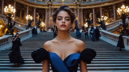 Fototapeta premium Elegant Woman in Blue Dress with Grand Staircase and Golden Accents