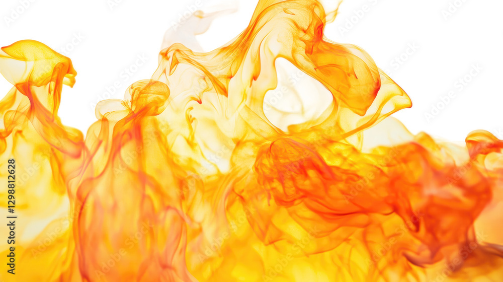 Poster yellow and orange ink swirling in water creating vibrant abstract patterns on isolated white backgro