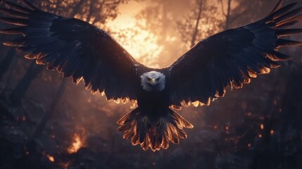 Eagle in Flight with Glowing Sunset Hues in Background