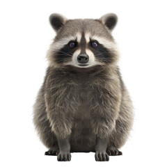 Curious raccoon sits calmly showing its fluffy fur and striking black and white facial mask